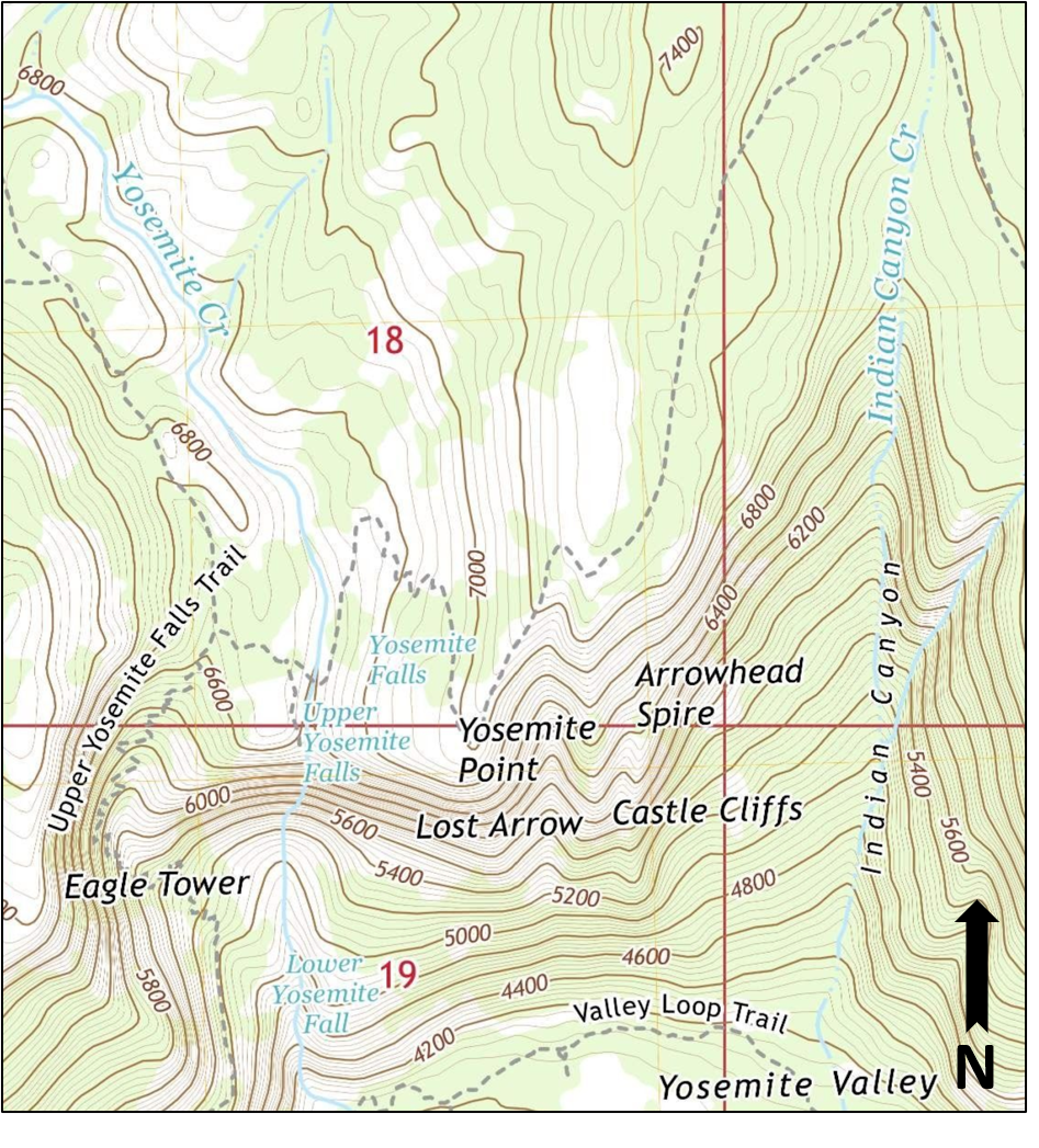 Topographic Map of Yosemite, Falls, California.