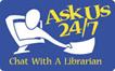a comic of a patron seeking help, with the text "Ask Us 24/7. Chat With A Librarian"